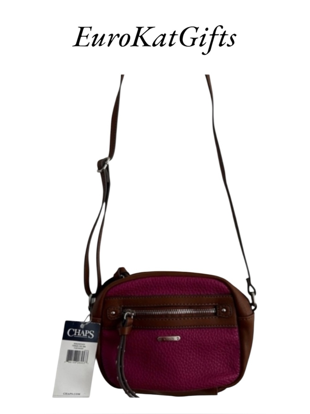 NEW CUTE Chaps Fuchsia Pink and Brown Crossbody Bag Approx 8" X 6" X 1.5" NWT - Picture 1 of 6